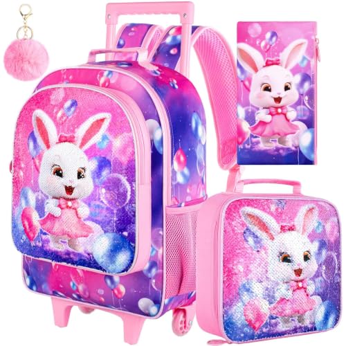 3Pcs Rolling Backpack for Girls, Kids Roller School Backpack with Wheels, Bunny Wheeled Bookbag for Elementary Preschool Kindergarten(Pink) - color: Pink Rabbit