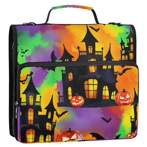 3 Ring Zipper Binder Spooky Haunted House Binder Organizer Portfolio with File and Shoulder Strap & Handle Large Capacity File Folder - color: Haunted House