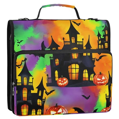 3 Ring Zipper Binder Spooky Haunted House Binder Organizer Portfolio with File and Shoulder Strap & Handle Large Capacity File Folder - color: Haunted House