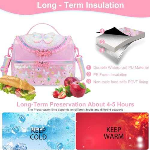 RHCPFOVR Kids Lunch Bag - Double - Decker Cooler Insulated Lunch Box for Boys Girls,Washable Lunch Bag with Strap and Reusable Toddler Lunchbox for School and Daycare - color: Pink Rainbow
