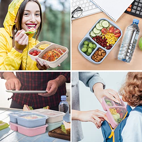 buluker 4 Pack Bento Lunch Box Set 3 Compartment Food Storage Containers Wheat Straw Meal Prep Lunch Box Plastic Food Storage Containers, Microwave and Dishwasher Safe (light colour) - color: 4 Pack（light colour)