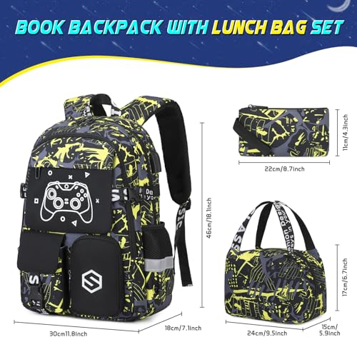 Scothen Boys Backpack, Cool Luminous School Backpacks for Boys with Lunch Bag Pencil Case, Kids Backpack Kindergarten Elementary Middle School Book Bags for Teen Boys Children with USB Charging Port - color: Yellow Graffiti
