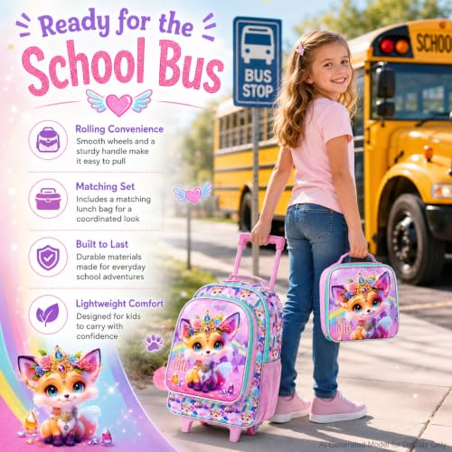 3Pcs Rolling Backpack for Girls, Kids Roller School Backpack with Wheels, Fox Wheeled Bookbag for Elementary Preschool Kindergarten(Pink) - color: Fox Yellow