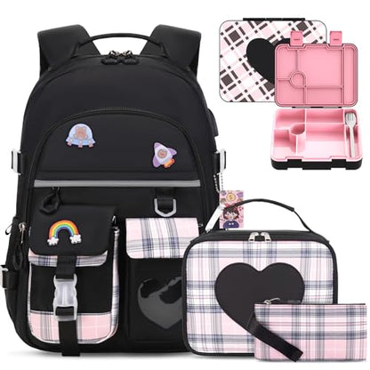 ACESAK Girls Backpack - Bento Box with Insulated Lunch Bag Pencil Case & Utensils Set for Kids, 6 Leakproof Compartments Removable Tray Lunches or Snack Container for School (Black) - color: Black