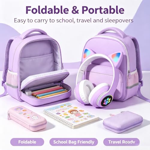 Cat Wireless Headphones for Kids & Adults, Bluetooth Foldable & Wired Multi-Function LED Light Up Over Ear Headphones with Mic and Volume Control for iPhone/iPad/Laptop/PC(Lilac) - color: lilac