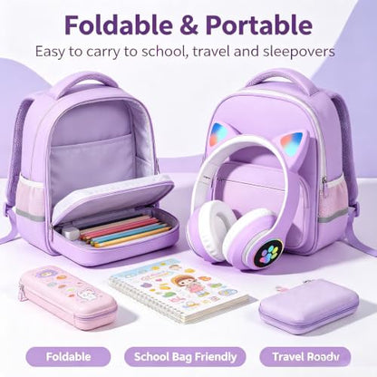 Cat Wireless Headphones for Kids & Adults, Bluetooth Foldable & Wired Multi-Function LED Light Up Over Ear Headphones with Mic and Volume Control for iPhone/iPad/Laptop/PC(Lilac) - color: lilac