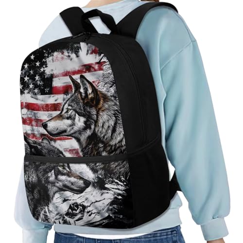 American Flag Wolf Backpack for Boys Kids Backpack with Lunch Box Water Bottle Bag and Soft Pencil Case 4PCS Set Bookbag with Front Pocket for School Teens 17 inch Large Capacity School Bag - color: American Flag Wolf