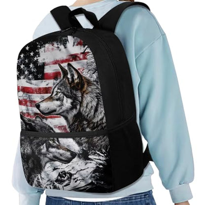 American Flag Wolf Backpack for Boys Kids Backpack with Lunch Box Water Bottle Bag and Soft Pencil Case 4PCS Set Bookbag with Front Pocket for School Teens 17 inch Large Capacity School Bag - color: American Flag Wolf
