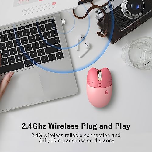 Wireless Compact Silent Mouse with Cute Cat Designs, 2.4GHz Plug and Play Wireless Opatical Mouse with USB Nano Receiver for Laptop/PC/Computer (Pink Cat) - color: Pink