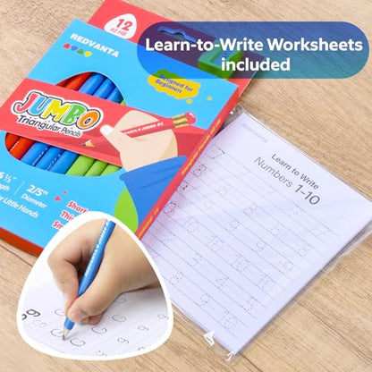 Jumbo HB Pre-sharpened Pencils #2 for Toddlers Preschoolers First Writing, Thick Triangular Grip Fat Pencils with Latex-Free Erasers, Break-Resistant, Back to School Supplies, 12 Count - color: Vibrant