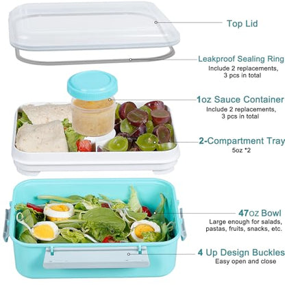3 Pack Salad Lunch Box Food Storage Containers, 47oz Bento Box To Go Container with Lids, Meal Prep Containers with Removable Tray & Dressing Pots for Kids and Adults, Reusable and Microwave Safe - color: Blue & Blue & Blue