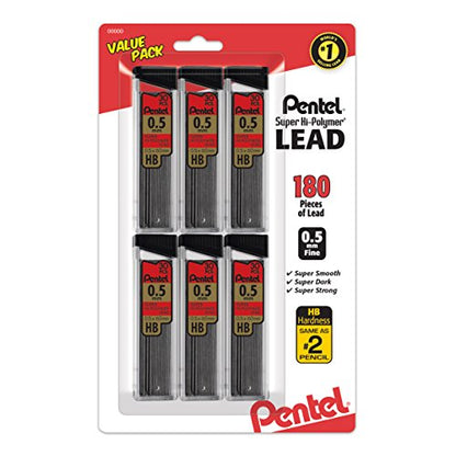 Pentel Super Hi-Polymer Refills, 0.5 mm Fine, HB, 180 Pieces of Lead (C25BPHB6) - size: 180 Count (Pack of 1), style: 0.5mm