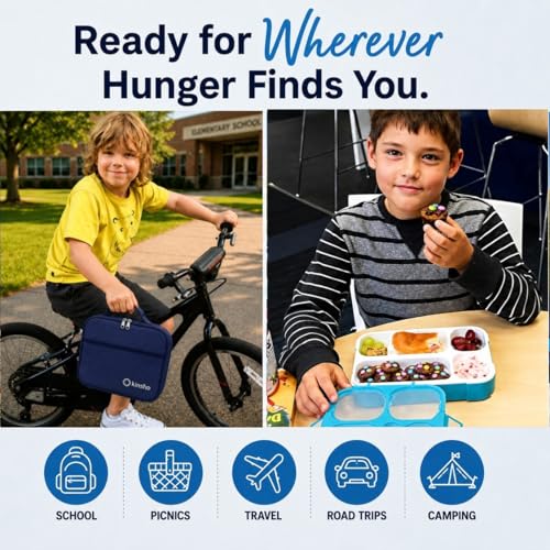 kinsho Lunch Boxes for Kids Boys Teens - Bento Box Set with Insulated Bag and Ice Pack, 6 Compartment Leak Proof Food Container, BPA-Free, Microwave Safe, Ideal for School & Work, Blue + Navy - color: Blue + Navy