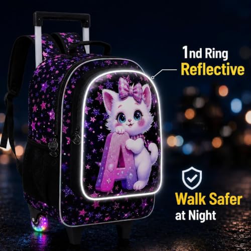 CCJPX 18" Cat Rolling Backpack for Girls, 3Pcs Kids Glow Wheels Bookbag with Lunch Box, Lightweight Roller School Bag for Elementary Preschool (Black) - color: A-star Cat(with Glowing Wheels)