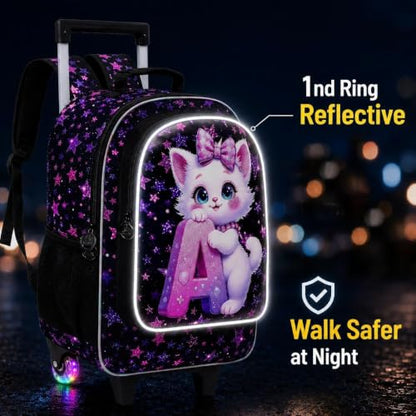 CCJPX 18" Cat Rolling Backpack for Girls, 3Pcs Kids Glow Wheels Bookbag with Lunch Box, Lightweight Roller School Bag for Elementary Preschool (Black) - color: A-star Cat(with Glowing Wheels)