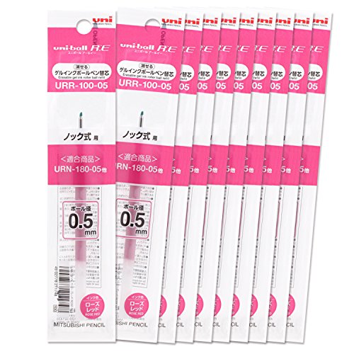 Mitsubishi Pencil URR10005.15 Erasable Ballpoint Pen Refill, Uni-Ball RE 0.5, Rose Red, 10 Pens