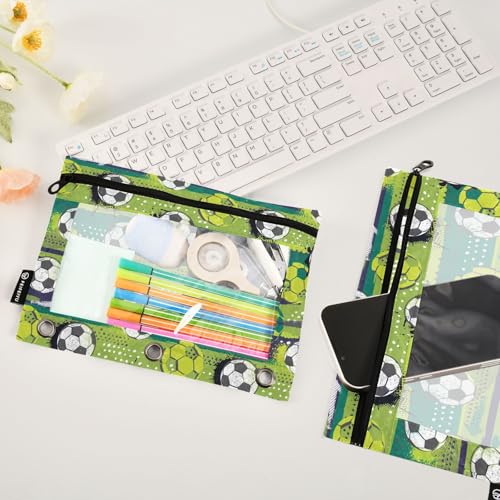 Soccer Ball Dense Print Pencil Pouch for 3 Ring Binder 2 Pcs Binder Pouches with Zipper Pocket Pencil Case Bag with Clear Window for Home Office School Supplies - color: Multi-soccer Ball Dense