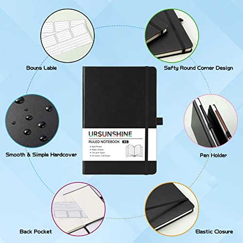 Ruled Notebook/Journal - Classic Lined Journal/Notebook, 5.3" x 8.26", Hardcover with Thick Paper, Banded + Pen Holder +Inner Pocket - Black - color: Black, size: Ruled