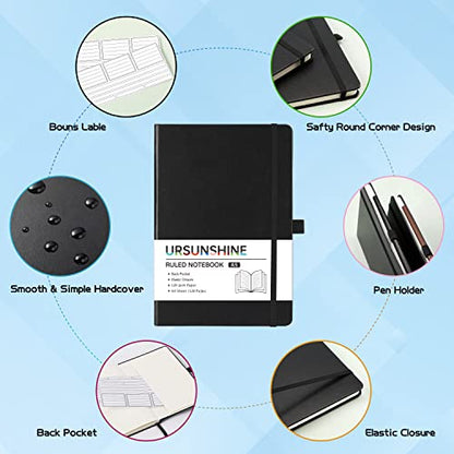 Ruled Notebook/Journal - Classic Lined Journal/Notebook, 5.3" x 8.26", Hardcover with Thick Paper, Banded + Pen Holder +Inner Pocket - Black - color: Black, size: Ruled