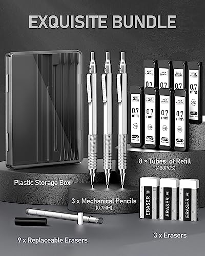 Four Candies 0.7mm Mechanical Pencil Set with Case, 3PCS Metal Artist Lead Pencil with 8 Tubes (480PCS) HB Lead Refills, 3 Erasers, 9 Eraser Refills For Engineer Art Writing Drawing Drafting, Silver - color: Silver, style: 0.7 MM