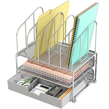 Deco Brothers Mesh Desk Organizer with Double Tray, 5 Upright Section, Gray | Sliding Drawer with Adjustable Dividers - color: Sliver