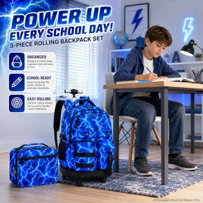 CCJPX Rolling Backpack for Boys, 3Pcs Roller Wheeled School Bookbag, Lightning Wheels Backpacks with Lunch Box for Kids (Blue) - color: Lightning Blue