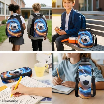 Cool Soccer Backpack for Boys 8-12 Kids Backpack with Lunch Box Water Bottle Holder with Strap and Zipper Pencil Case 4PCS Set Bookbag with Compartments for School 17 inch Elementary - color: Cool Soccer