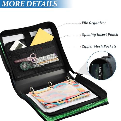 3 Ring Zipper Binder Green Glowing Dragon Binders Bag with Shoulder Strap 500 Sheets Paper Organizer Trapper Keeper Documents Storage File Folder for School Office - color: A3019
