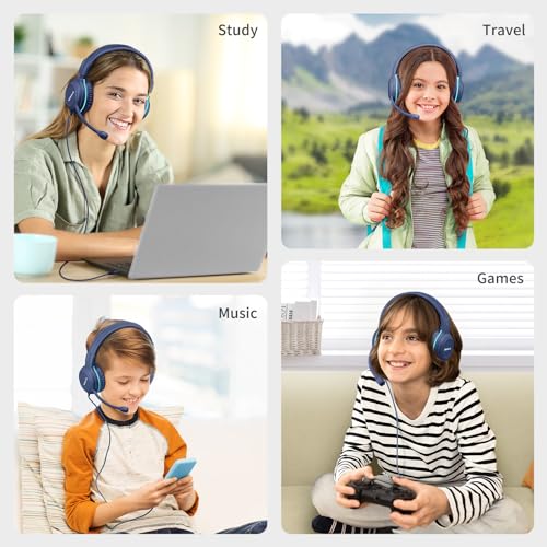 SIMOLIO Wired Headphones for School with Microphone, Stereo Kids Headphone with Flexible Swivel Boom Mic for Student K12 & Teacher & E-Learning, 3 Levels Volume Limiter Gaming Headsets for Boys, Girls - color: Blue
