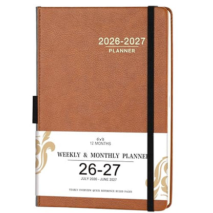 2026-2027 Planner - 2026-2027 Weekly Monthly Planner, July 2026 - June 2027, 5.85'' x 8.5'' Academic Planners with Leather Cover, Pen Holder, Bookmarks - color: Brown