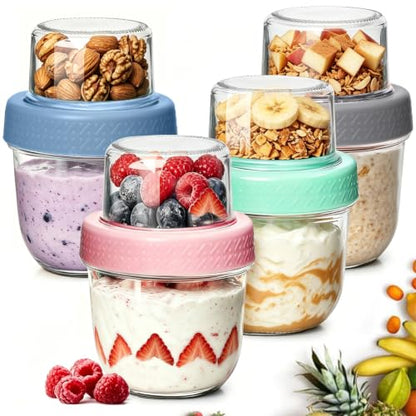 8+4 oz Glass Parfait Cups with Lids 4 Pack Yogurt Container Reusable | Dry Wet Separation, Overnight Oats Containers,Chia Pudding,Nuts, Fruit,Granola Toppings,Meal Prep Jars - color: Mixed color 5