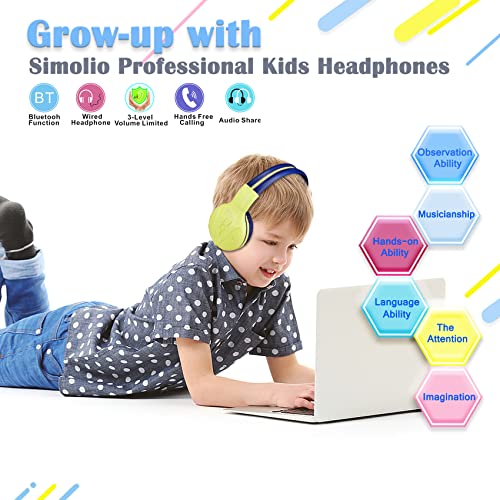 SIMOLIO 2 Pack Wireless Kids Headphones with Share Port, Bluetooth 6.0 w/Mic for Toddler Teens, 75/85/94dB Volume Limit, Foldable Stero Headsets w/Travel Case for School iPad Tablet, USB C Charging - color: Mint & Yellow