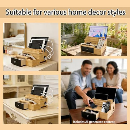 Bamboo Charging Station Organizer with 5-Cables, No USB Charger | for Multi-Devices, with Drawer and Pen Holder, Nightstand Desk Charging Stations Organizer for Cell Phone, Tablet, Etc