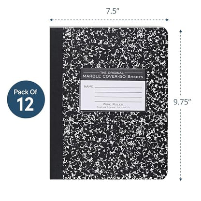 ROARING SPRING Hard Cover Composition Notebook, 12 Pack, Black Marble Comp Book, 9.75″ x 7.5″, Wide-Ruled with Margin, 50 Sheets (100 Pages), Made in USA - size: 9.75" x 7.5", style: 12 Pack - Wide-Ruled - 50 Sheets - Black Marble