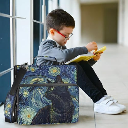 3 Ring Binder Zipper Binders Van Gogh Starry Sky Black Cat Expanding File Folder Bag with Shoulder Strap