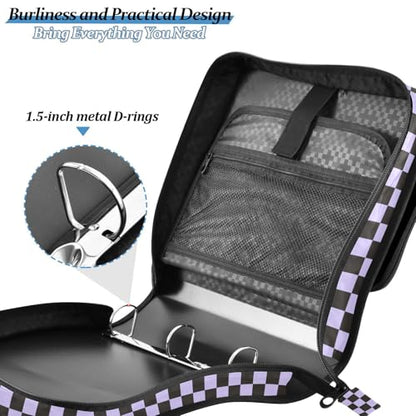 Lavender Purple Black Checkered Binder Bag 3 Ring Zipper Binders with Shoulder Strap for School Office Organizer Storage - color: Q015