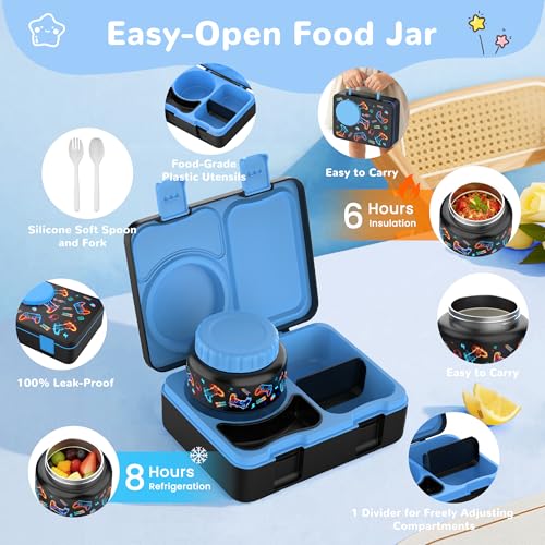 Bento Lunch Box for Kids Adult, Leakproof 3-4 Compartment Bento Box Set with Insulated Food Jar,Water Bottle, Lunch Bag, School Lunch Container for Toddler Teen Girls Boys Ages 3+(Game) - color: Game