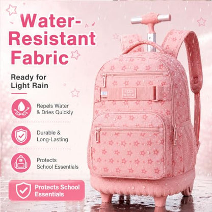 HPJGD 3PCS Rolling Backpack for Girls, Pink Star Roller School Backpacks with Wheels, Water-Resistant Wheeled Bookbag Set - color: Pink Star Rolling Backpack Set