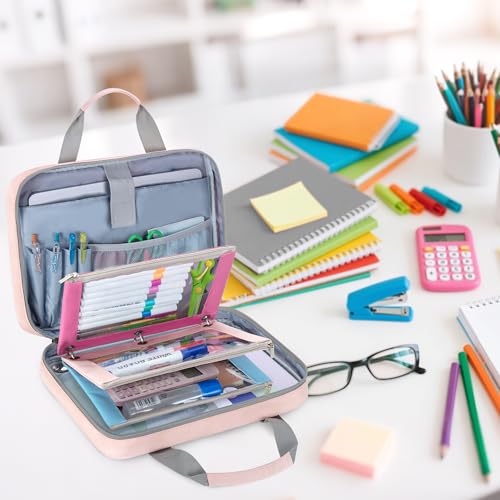 YARWO 2026 Upgraded Zipper Binder with 3 Pencil Pouches, 3 Ring Binder Bag | Small File Organizer, Multi Pockets, Padded Sleeve Fits 13” iPad, ID window, 1.2" O Ring, for School, Office, Work, Pink - color: Pink