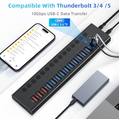 VANGREE Powered USB Hub 10Gbps, 17 Ports USB 3.2 Hub, 96W Power Adapter | 10 USB-A 3.2, 3 QC 24W Fast Charging, 2 USB-C 3.2, SD/TF, 12V/8A Power Adapter for Laptop, PC, Computer, HDD, Flash Drive - color: Black