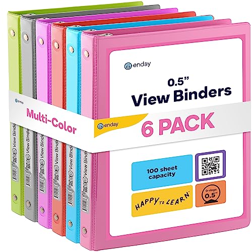 Enday 1/2 inch Binder 3 Ring Binder (6 Pack - Assorted Colors) O-Ring Binder with Clear View Cover and 2 Inside Pocket - for Letter Size 8.5 x 11'' Paper, Ideal for School Supplies, Office, and Home - size: 0.5 Inch