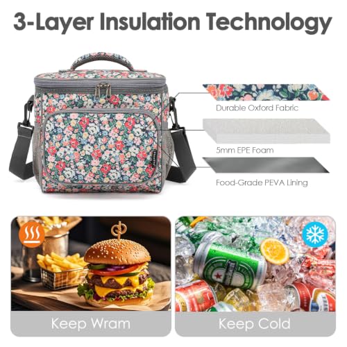 FlowFly Insulated Reusable Lunch Bag Adult Large Lunch Box for Women and Men with Adjustable Shoulder Strap,Front Zipper Pocket and Dual Large Mesh Side Pockets,Floral - color: Floral