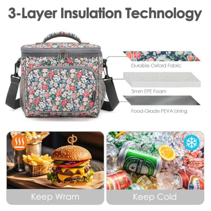 FlowFly Insulated Reusable Lunch Bag Adult Large Lunch Box for Women and Men with Adjustable Shoulder Strap,Front Zipper Pocket and Dual Large Mesh Side Pockets,Floral - color: Floral