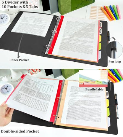 3 Ring Binder 1 Inch, Leather Binders with Clipboards, KLLVE Three Ring Binder with 10 Pocket Divider(Black, Letter Size) - color: Black