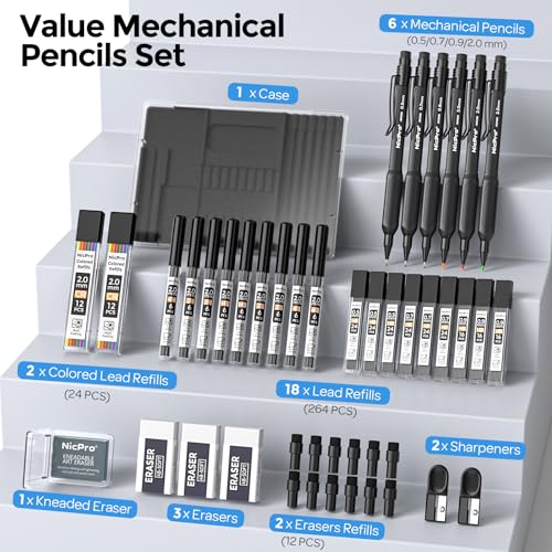 Nicpro 6PCS Weatherproof Mechanical Pencil Set, 3 PCS Art Mechanical Pencils 0.5 mm & 0.7 mm & 0.9 mm & 3 PCS 2mm Lead Holder (6B 4B 2B HB 2H 4H Colors) For Outdoor For Writing, Sketching Drawing - style: 0.5,0.7,0.9,2.0mm(6 Pcs)