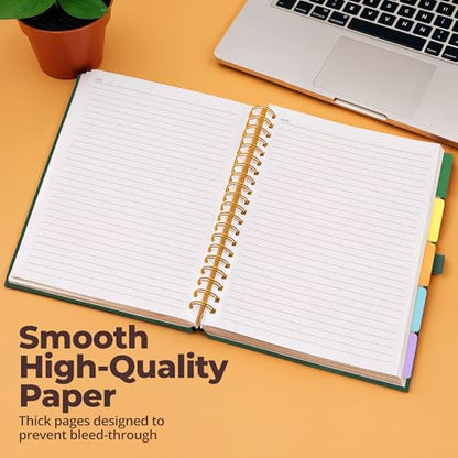 Hardcover Leather Lined Spiral Notebook 8x10" with Removable Dividers - Green - 300 Pages 5 Subject College Ruled Notebook for Work with Tabs, Pockets, and Pen Loop for Note Taking, Large Journal - color: Green