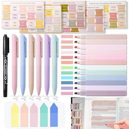 JETAOYA Bible Journaling Kit, Bible Study Supplies Kit for Women,12 Highlighters No Bleed, 6 Colored Pens, 75 Bible Tabs, 100 Sticky Notes and Marker Pen, Christian Gifts for Women Men