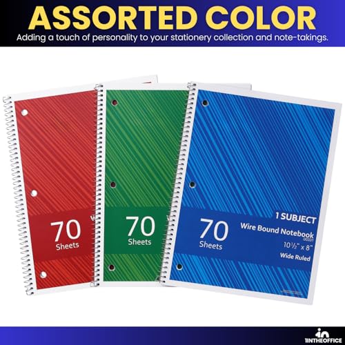 1InTheOffice Spiral Notebook College Ruled, One Subject Spiral Notebook, Spiral Bound Notebook, 10.5" x 8", 3-Hole Punched, 70 Sheets, Assorted Colors, 3 Pack