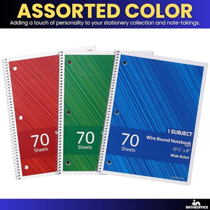 1InTheOffice Spiral Notebook College Ruled, One Subject Spiral Notebook, Spiral Bound Notebook, 10.5" x 8", 3-Hole Punched, 70 Sheets, Assorted Colors, 3 Pack