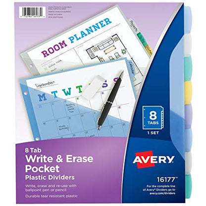 Avery Write & Erase Pocket Plastic Dividers for 3 Ring Binders, 8-Tab Sets, Multicolor, Tabs Viewable Beyond Sheet Protectors, 1 Set (16177)